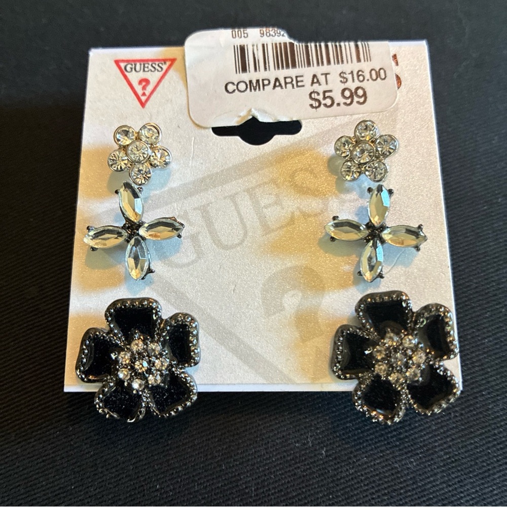 Guess Black and Silver Floral Earrings